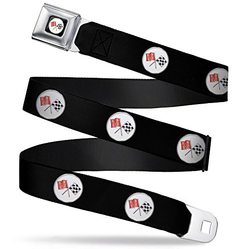 GM General Motors Belt, Seatbelt Buckle Belt, Corvette C2 Flags Logo Black, 44 to 63 Inches