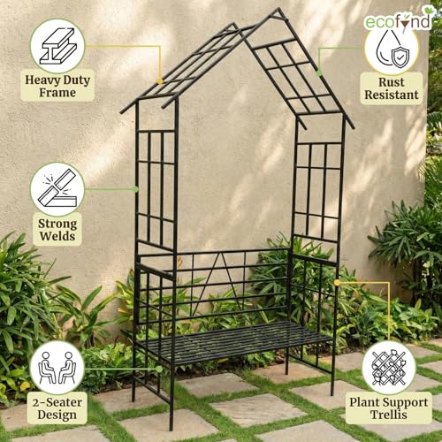 Image of ecofynd 8 Feet High x 3.7 Feet Wide 2-Seater Hut-Shaped Garden Bench, Metal Arbor Trellis for Climbing Plant with Outdoor Garden Chair, Backdrop Stand for Wedding Lawn Backyard Party Decor (GC002-BLK)