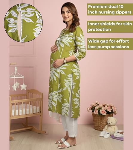 Image of DUMMY SHAPE Maternity Dresses for Women Cotton | Floral Kurta Pant Dupatta Set with Nursing Zippers, Side Pocket | Pre & Post Pregnancy | Feeding Kurti Suit | Baby Shower | Gifts for Pregnant Woman