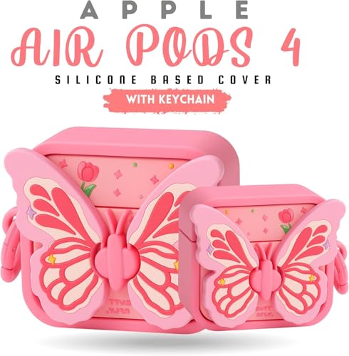 Image of Emoh Roced Case for AirPodS 4 (2024) with Keychain (ANC), Cute Cartoon Shockproof Protective Cover Compatible with Apple AirPods 4th Generation 2024 for Women and Boys (Butterfly-4)