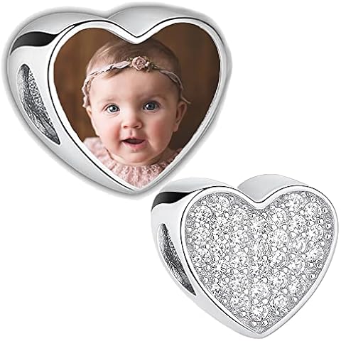 2Burned Personalised 925 Sterling Silver Photo Charm Fit Pandora Bracelet Necklace Customized Heart Round Shape Picture Bead (Heart Zirco) Cover