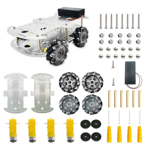 DWWTKL DIY Mecanum Wheel Car Kit with Metal Chassis and TT Motor Smart Robot 4WD Omnidirectional Car Programming Kit with Speed Encoder for Arduino/Microbit/Raspberry Pi for Adult Age 15+(Unassembled)