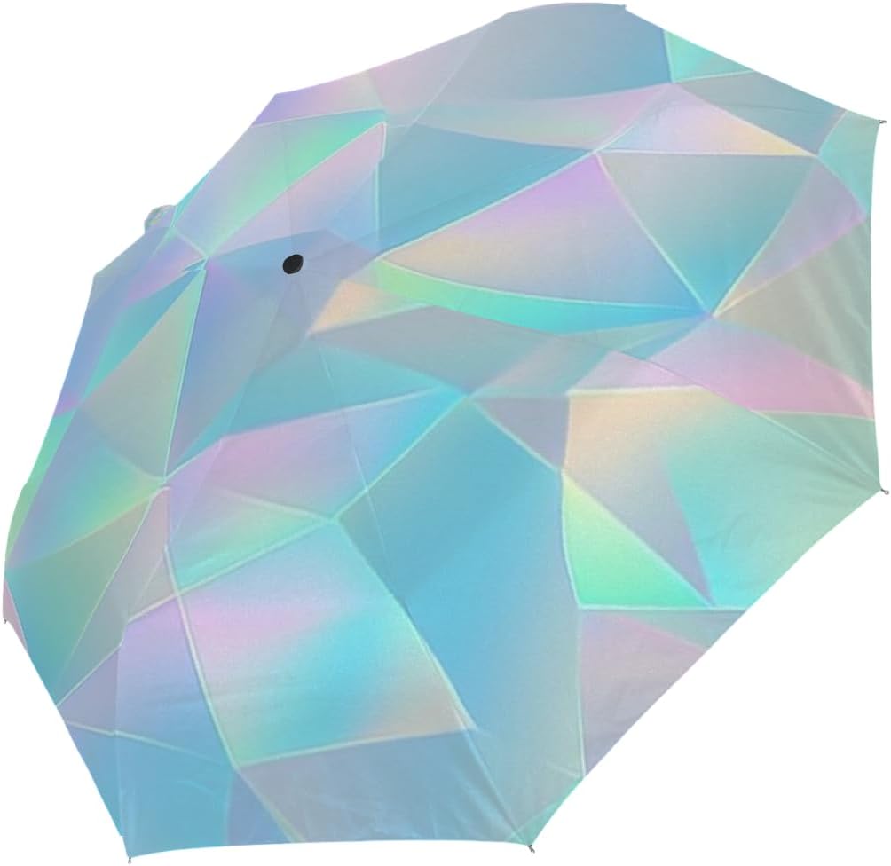 Auto Open Close Umbrella Rainbow Pastel Geometric Iridescent Sun UV Protection Umbrella for Rain Windproof 3 Fold Lightweight Compact Umbrellas for Travel Walking Outdoor