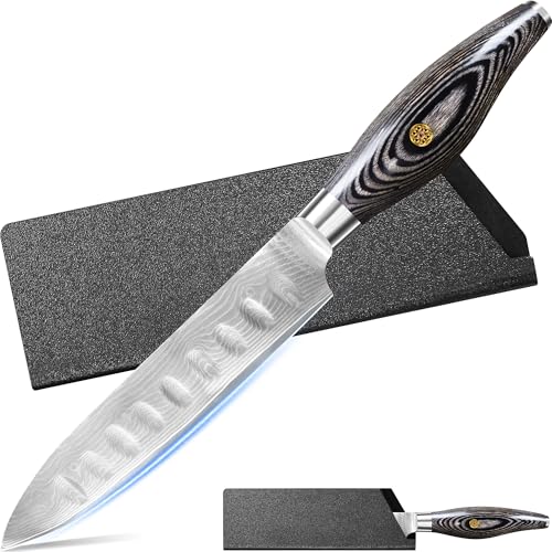 Image of XYJ Professional Damascus Kitchen Knife with Guards Protector,Damascus VG10 Steel Japanese Chef Knives,Meat Vegetable Cutting Knife,Utility Slice Gyuto Knives (5 Inch)