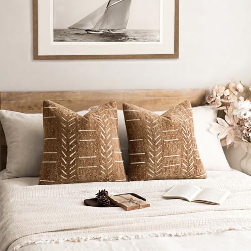 Image of Foindtower Set of 2 Decorative Chenille Jacquard Throw Pillow Covers Textured Farmhouse Vintage Cushion Covers Modern Boho Accent Home Decor for Sofa Chair Couch Bedroom Living Room,18x18 Inch,Bronze