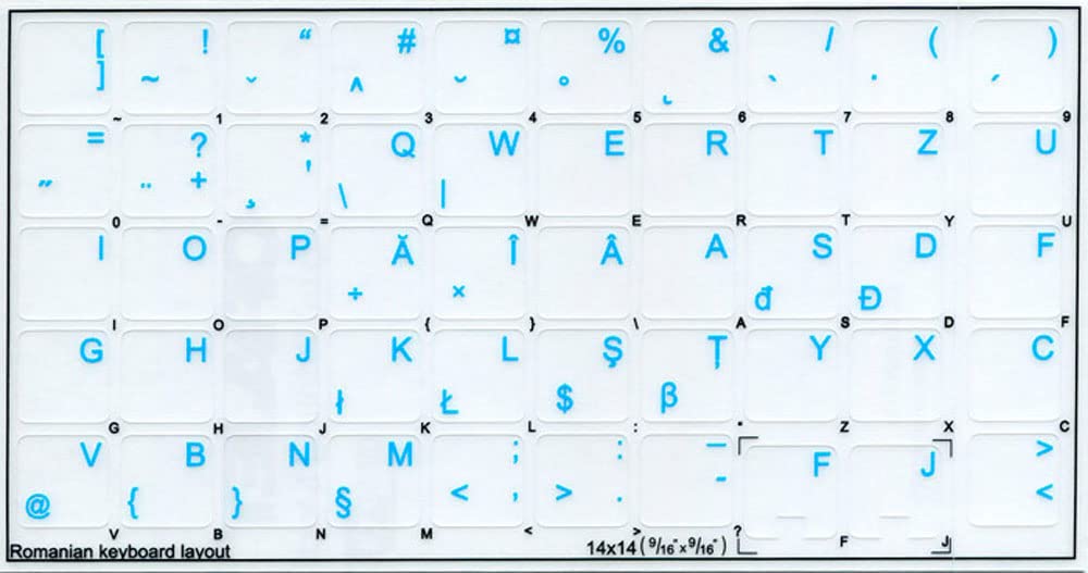 Romanian Keyboard Labels ON Transparent Background with Blue Lettering (14X14)