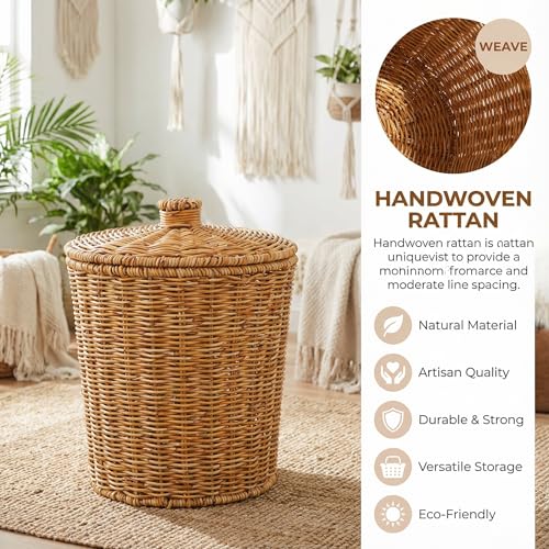 Image of Milisten Braided Storage Barrel with Lid 2 Gallon Round Woven Basket for Bathroom Kitchen Office Living Room Natural Fiber Rattan Wastebasket Organizer 9.75 Inch