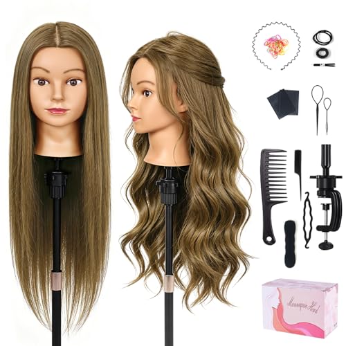 TopDirect 26"Mannequin Head Human Hair,80% Real Hair Cosmetology Mannequin Manikin Head Hair Braiding Hairdressing Practice Training Doll Head Styling with Clamp Holder and Tools(Latte Brown)