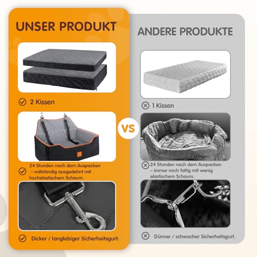 Hunde-Autositz für Hunde unter 25 kg oder 2 kleine Hunde, Sicherheits-Memory-Schaum-Autositz mit 2 Kissen und Sicherheitsleinen, großes Reisebett für den Rücksitz