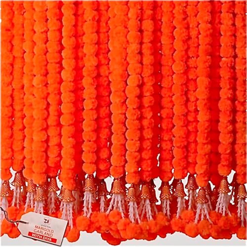 Image of DIYANA IMPEX Marigold Garland for Decoration 5 Pcs of 5 feet Long Strands Artificial Marigold Flowers with Bell, Indian Decor for Pooja /Diwali Decorations /Christmas (Dark Orange)