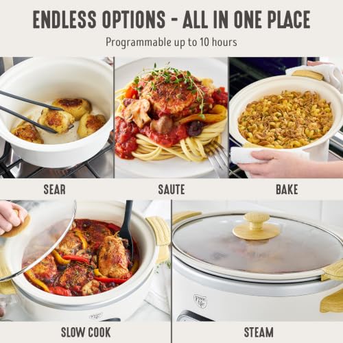 Image of GreenLife 6QT Slow Cooker, Non-Toxic PFAS-Free Ceramic Nonstick Removable Interior Bowl, Programmable, Family Friendly, Keep Warm, Stovetop & Oven Safe, Dishwasher Safe Crock, Timer, Glass Lid, Cream