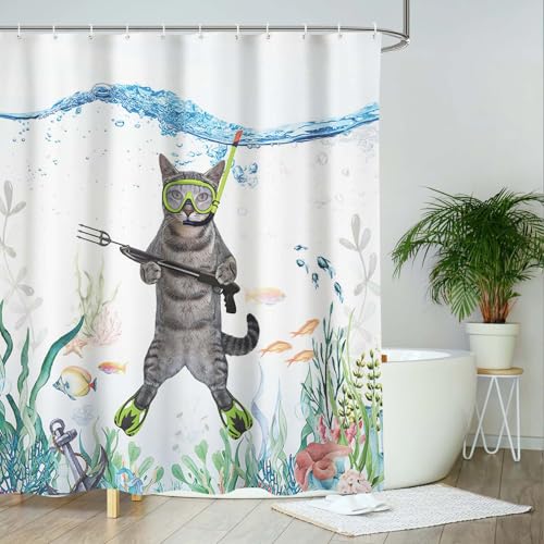 AIBIIN Divertente tenda da doccia a forma di gatto blu acqua sotto il mare pesci acquatici piante acquatiche tende da bagno in poliestere resistente decorazione per la casa con 12 ganci, 180 x 180 cm