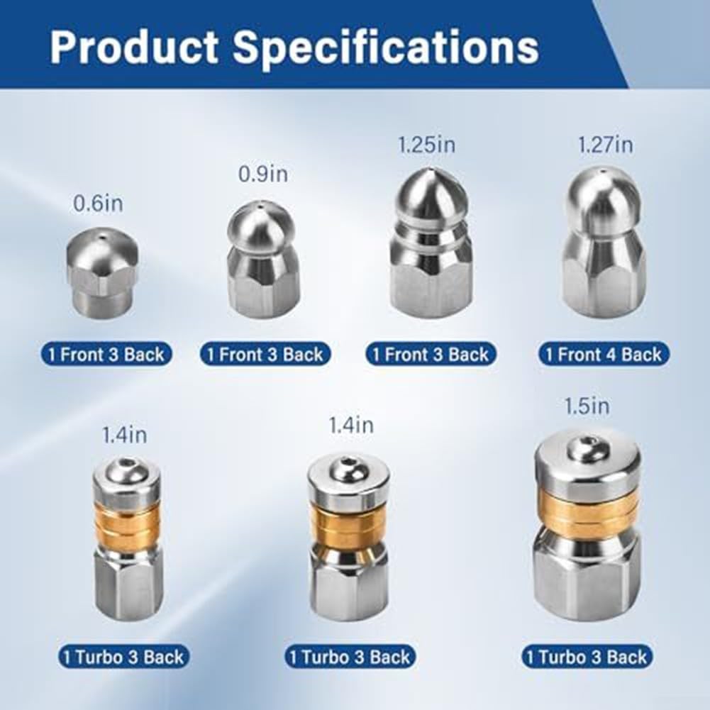 Stainless Steel Sewer Jetter Nozzles 7 Piece Pressure Washer Kit For Different Cleaning Tasks