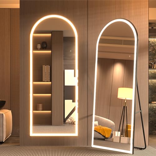 Image of Pertetey 81x34 Inch LED Arched Full Length Mirror with Lights, Black Frame Dimmable & 3 Color Modes LED Full Body Dressing Standing or Wall Mounted Long Mirror