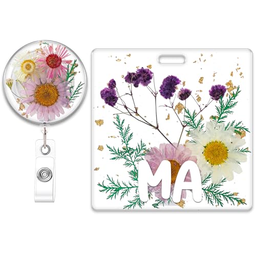 Medical Assistant Badge Reel and Buddy, Clear Resin Purple Floral Design Retractable ID Holder with Swivel Clip and MA Badge Buddy, Medical Assistant Gifts