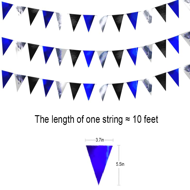 Image of Blue Black Silver Hanging Triangle Flag Pennant Garland Blue Black Silver Hanging Paper Pennant Streamer Paper Triangle Flag Banner for Graduation Birthday Party Decorations 30 Feet