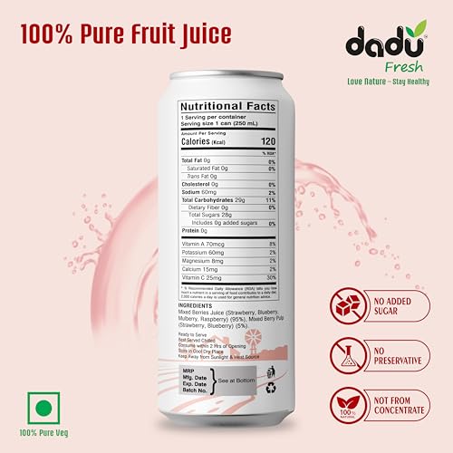 Image of Dadu Fresh Mixed Berries Juice | Pure Natural Juice | Not from Concentrate | No Added Sugar | No Preservatives or Artificial Flavors | Blend of Strawberries, Blueberries, Mulberries & Raspberries | 250ml (Pack of 4)