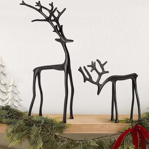 2 PCS Black Reindeer Statues, Black Christmas Reindeer Decoration, Modern Aluminum Alloy Christmas Decor Figurines, Elegant Indoor Holiday Home Decor for Mantel Living Room Bedroom Office