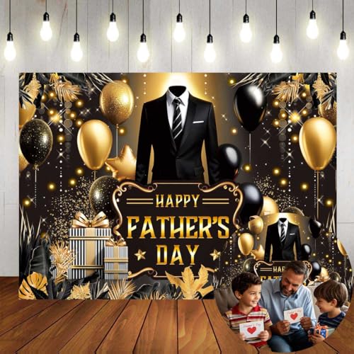 Happy Fathers Day Backdrop I Love Dad Black Gold Balloon Suit Tie Fathers Day Photo Background Thanks Dad Men Birthday Family Party Banner Decorations Photo Booth Supplies (7x5FT)