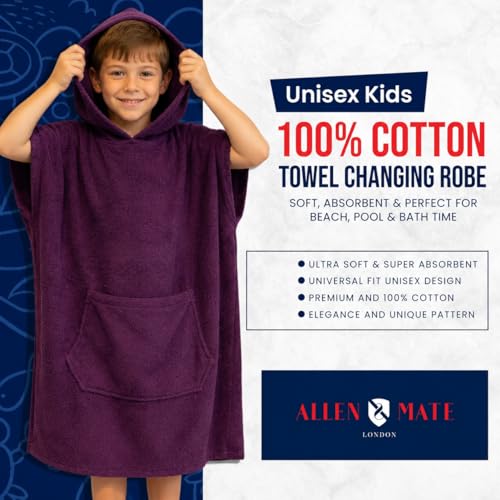 Image of ALLEN & MATE 100% Cotton Kids Hooded Surf Poncho Changing Robe, Quick Absorbent Wearable Swim Towel Boys & Girls, 6-13 Years