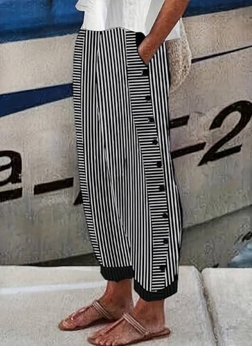 Women's Black and White Striped Wide Leg Pants with Side Buttons 2025 Spring Fashion for Casual and Everyday Wear Pants2