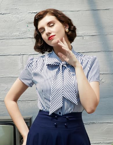 Image of Belle Poque Summer Short Sleeve Office Button Down Blouse Stripe Shirt Tops with Bow Tie BP573