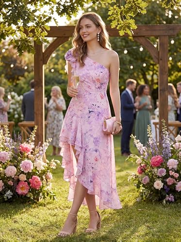 Image of GRACE KARIN Womens Summer One Shoulder Sleeveless Dresses Floral Flowy Ruffle High Low Wedding Guest Maxi Sundresses