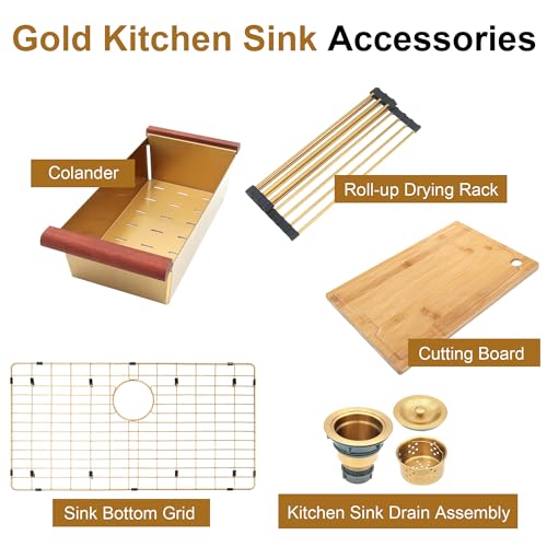 Image of Gold Kitchen Sink, 33 inch x 22 inch Drop In Kitchen Sink,16 Gauge Stainless Steel All In One Workstation Sink with Ledge & Accessories, 33 inch x 22 inch x 10 inch Large and Deep Top Mount Kitchen Sinks