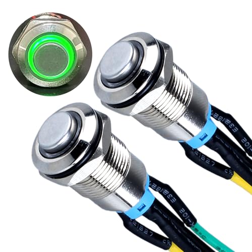 Image of 2Pcs 12mm Metal Latching Push Button Switch Waterproof Anti-Vandal High Round Head Silver Shell with 15cm Pre-soldered Cable 1NO 12V-24V ON-Off for 1 /2 inch Mounting Hole with Halo Ring Green LED
