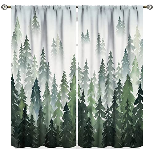 Image of Nature Forest Curtains, Misty Forest Nature Curtains Green Fog Magic Woodland Pine Tree Mountain Window Drapes for Living Room Bedroom 42" x 45"