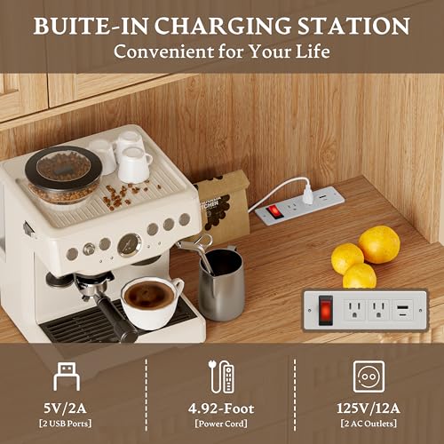 Image of BORNOON Pantry Cabinet with Charging Station and Light, Tall Kitchen Pantry Storage Cabinet with Microwave Stand, Wide Fluted Kitchen Hutch with Storage Drawers and Adjustable Shelves for Dining Room