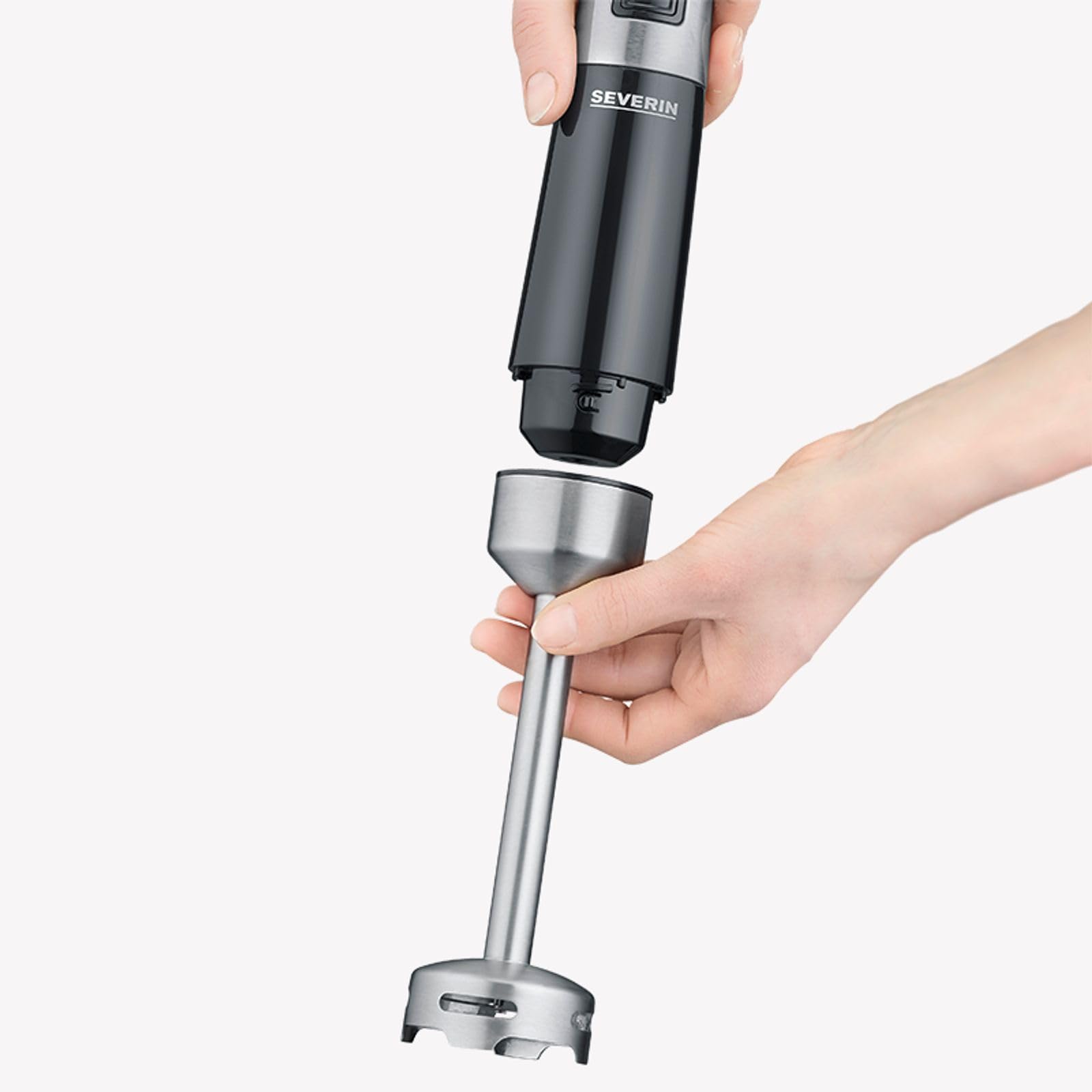 Severin blender ręczny SM 3772, rozdrabniacz, pojemnik do blendowania, trzepaczka, moc 600 W, końcówka ze stali nierdzewnej, 100% wolny od BPA, funkcja TURBO, obroty 15.000 obr./ min.