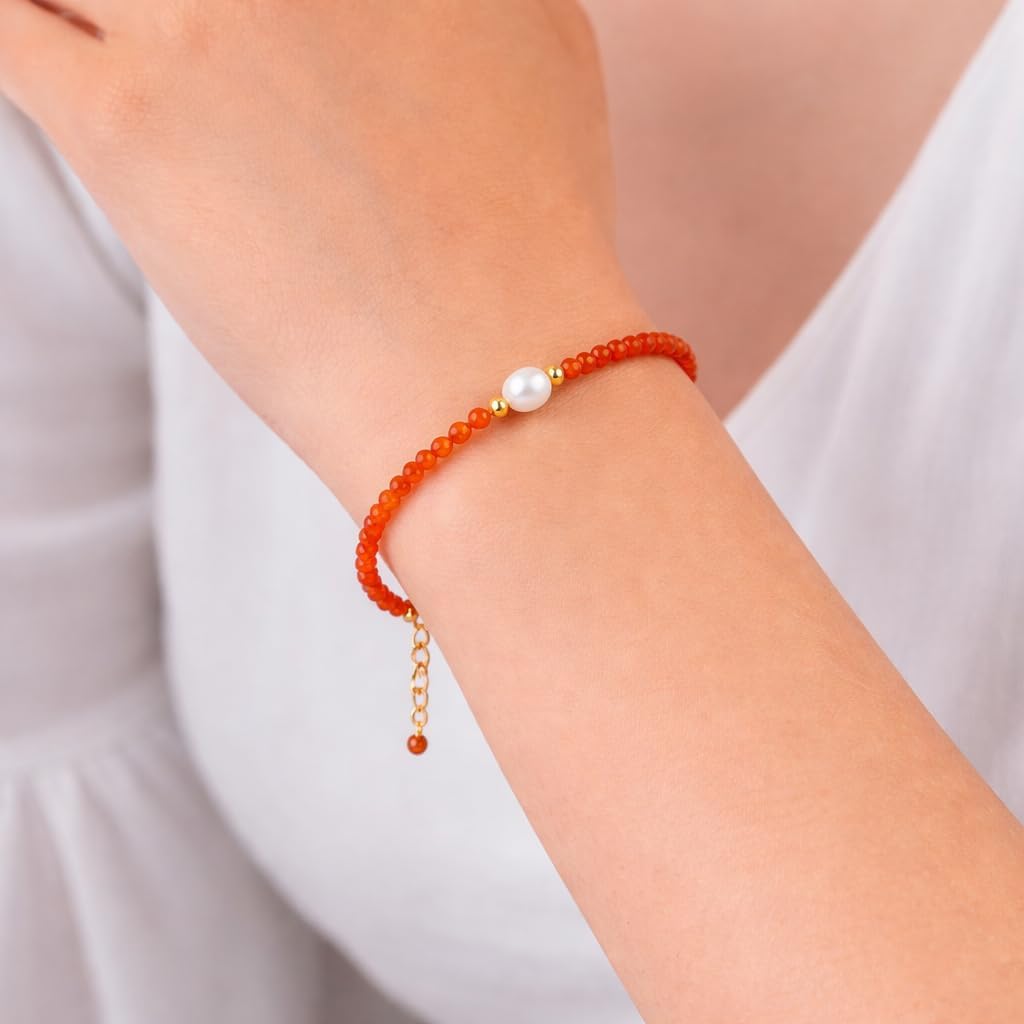 InfinityGemsArt Natural Gemstone Gold Bracelet For Women, Birthstone Crystal Stone With Freshwater Pearl Beaded Jewelry, Gold Plated Chain 8 Inch