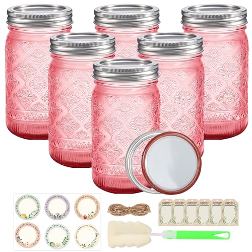 Pink Mason Jars 32 oz with Leakproof Split Lids 6 Pack Wide Mouth Colored Glass Jars for DIY Crafts Wedding Centerpieces Home Decor Flower Vase Bathroom Storage