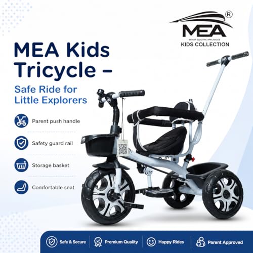 Image of MEA Kids Tricycle with Parent Push Handle for Toddlers|Baby Trike with Safety Guard Rail, Comfortable Cushioned Seat, Storage Basket & Footrest|Ride-On Cycle for Boys & Girls (Black) (Without Canopy)