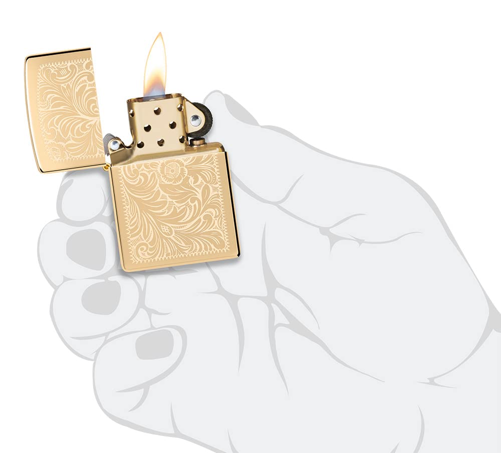 Zippo Encendedor a Prueba de Viento - Modelo Venetian - Acabado de Latón Pulido Brillante - Lustroso - Recargable - Reutilizable - Diseño a Prueba de Viento - Caja de Regalo - Hecho en EEUU