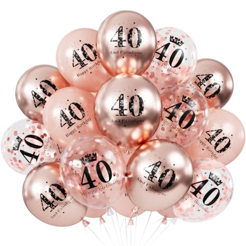 Adeyoo 40th Birthday Balloons for Women - 24Pcs 12Inch Rose Gold Latex Confetti Balloons Fabulous Happy 40th Birthday Party Decorations for Women Anniversary Celebration