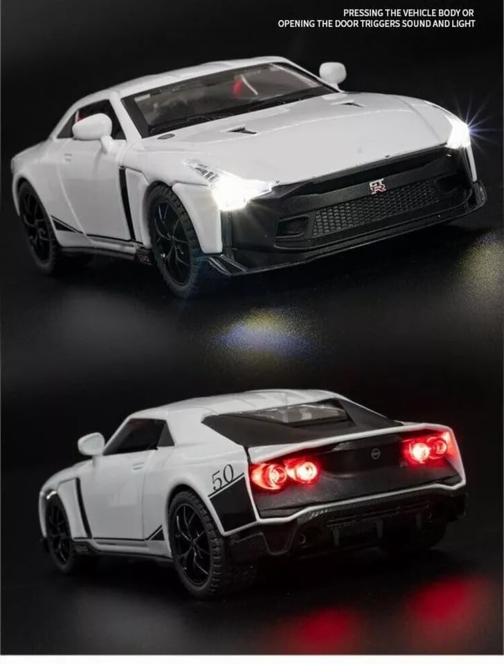 Image of 1:32 Nissan GTR50 Model Car, Diecast Collectible Pull Back Toy Car with Sound and Light for Adults, Kids, Boys, and Girls, Gift (White)