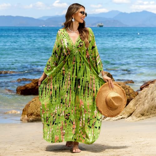 Image of IMAGEKOPE Women's Plus Size Animal Print V-Neck Batwing Kaftan Beach Dress Bathing Suit Cover-Up Loungewear