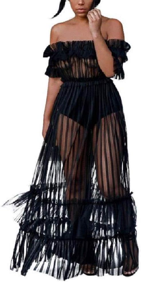 Women Sexy Lace Off Shoulder Mesh See Through Long Pleated Maxi Dress Club Party Gown