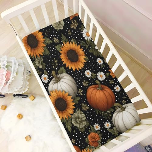 Image of Crib Sheet Breathable Soft Crib Mattress Sheet for Baby Toddler Boys Girls Fitted Crib Sheet Fit Standard Crib Mattress 39 x 27 Inch Black Dotty Pumpkins Sunflowers Daisy