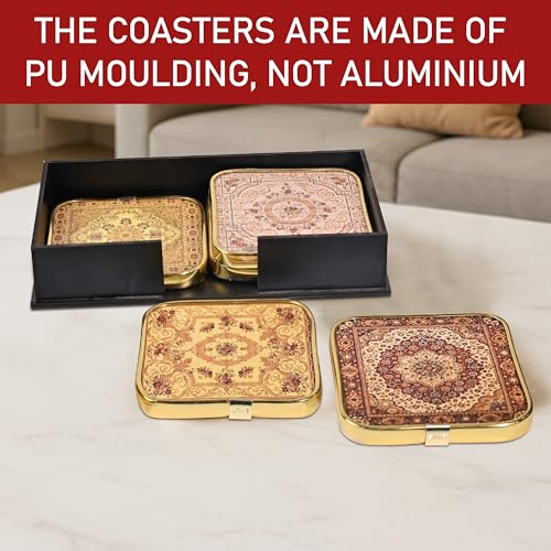 Image of Rousrie Stylist Modern Wooden Coasters with Golden Border | Set of 6 | Stand Included Premium Handmade Coaster for Tea Cups, Coffee Mugs, Beer Mugs, 10 by 10 cm (Vintage Pattern)