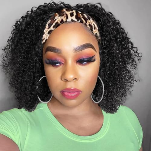 Image of Celiarita Headband Wig Human Hair Kinky Curly Headband Half Wigs Human Hair Brazilian Glueless Kinky Curly Headband Wigs None Lace Front 150% Density Natural Color 12 Inch