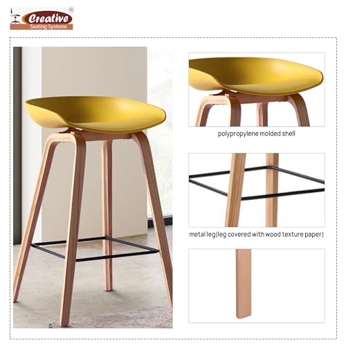 Image of Creative Modern Designer Bar Stool with Curved Seat, Wooden Finish Metal Legs & Metal Footrest - Premium Counter Height Chair for Kitchen, Dining & Bar (Yellow)
