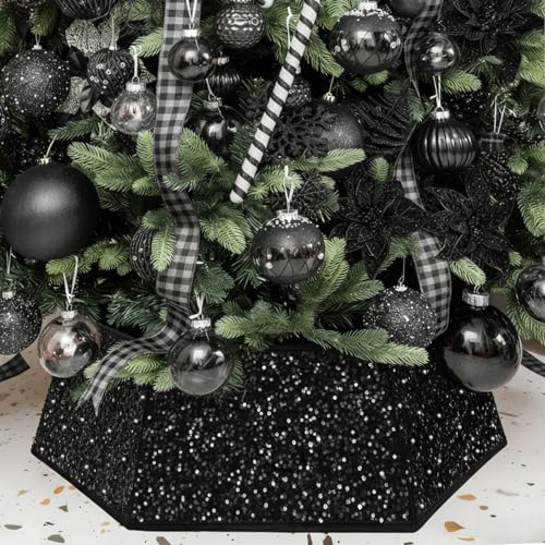 XmasExp Christmas Tree Collar, 33.5 inch Sequin Halloween Tree Skirt Stand Base Cover for Home Decor, Large Size 6 Piece Black