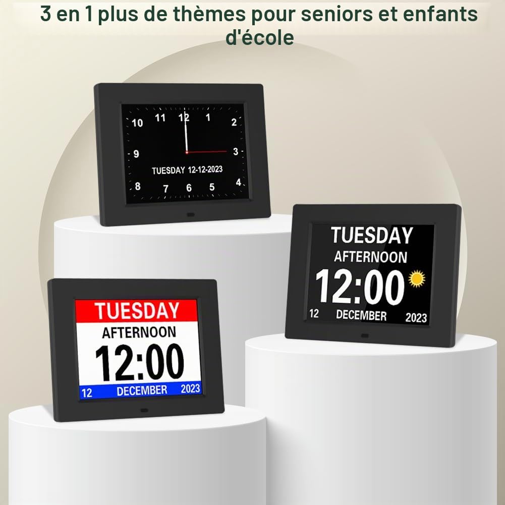 8 Pouces LCD Horloge Numérique Calendrier Multilingue Télécommandée Dimmable avec Date, Jour et Heure Cadre Photo Numérique pour Personnes avec Maladie d'Alzheimer