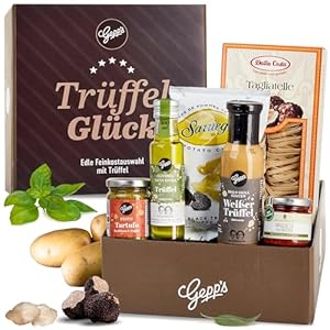 Gepp’s Feinkost Trüffelglück Geschenkbox I feinster Präsentkorb mit Sommertrüffel Bruschetta, Trüffelpesto, weißem Trüffelöl, Single Tartufo Nero, Weißer Trüffel Sauce & Pasta – Weihnachts-Geschenk