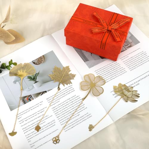 Image of 4 Pcs Metal Bookmarks with Chain, Golden Floral Cutout, Vintage Page Markers for Books, Journals, Notebooks, Ideal Gift for Book Lovers, Students, Office Staff