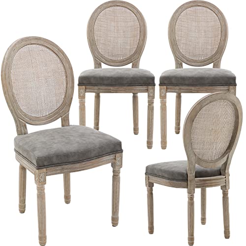 Farmhouse Leather Dining Chairs Set of 4 French Country Kitchen Dining Room Chairs with Round Mesh Rattan Back Armless Upholstered Cane Kitchen Chairs for RestaurantLiving Room Grey