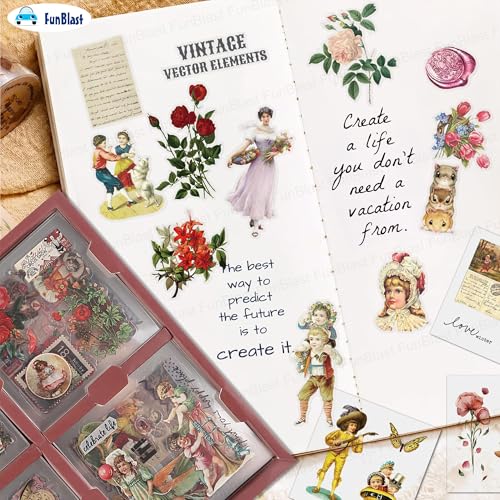 Image of FunBlast Self Adhesive 640Pcs /100 Sheets, Vintage Nature Stickers, Retro Decorative Sticker's for Scrapbook, Sticker's for Project, Japanese Style Sticker Set, Journals, Scrapbooking (Multicolor) (B)